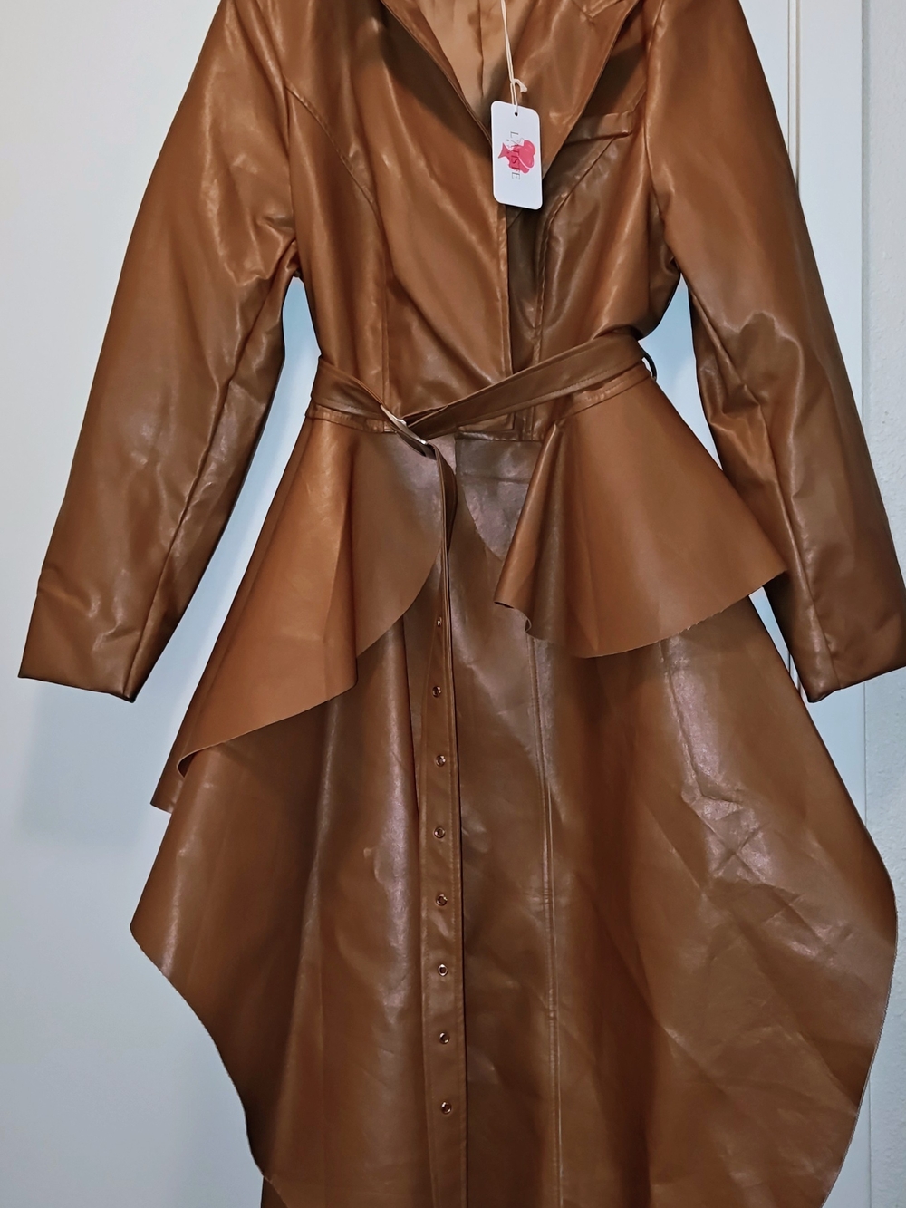L'ATISTE Brown Faux Leather Belted Peplum Trench Coat